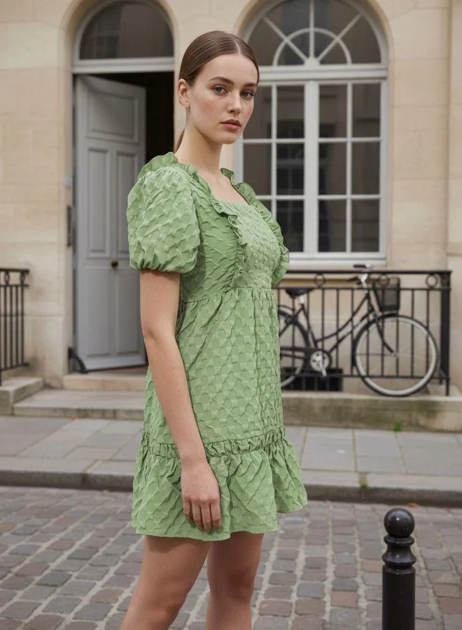 Freehand Women Fit and Flared Textured Square Neck Half Sleeves Ruffle Dress